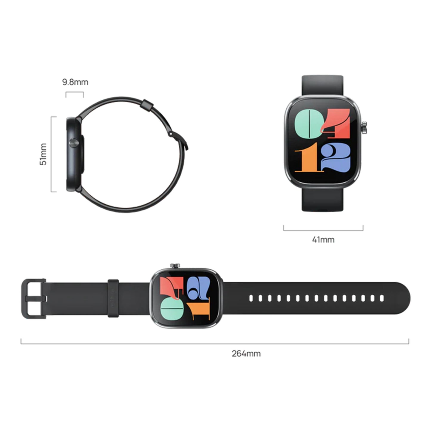Mibro Se C4 smartwatch mørkegrå, farvedisplay, sundhedsovervågning, 41x51x9,8mm urkasse, 264mm rem, top/side/front visning.