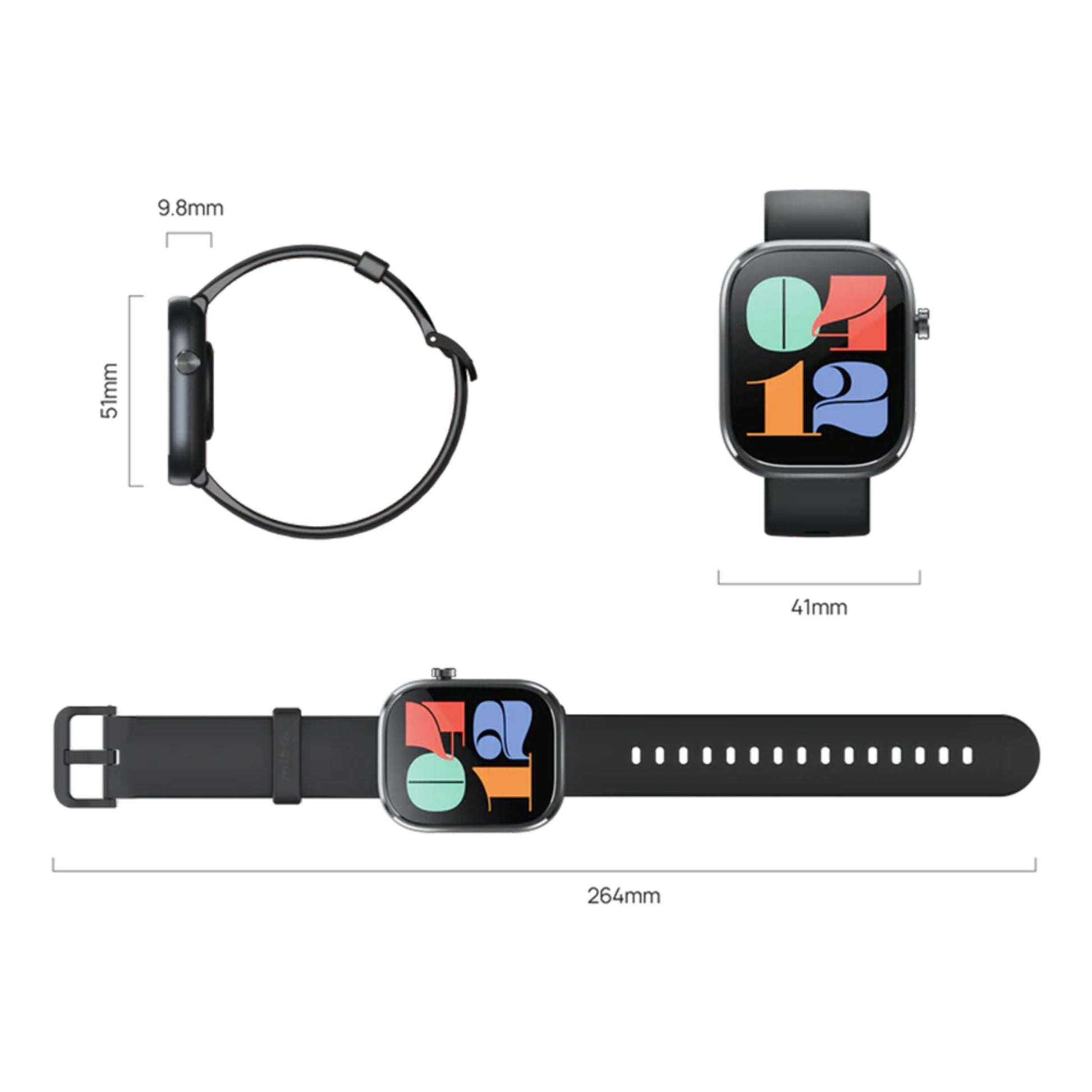 Mibro Se C4 smartwatch mørkegrå, farvedisplay, sundhedsovervågning, 41x51x9,8mm urkasse, 264mm rem, top/side/front visning.
