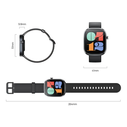 Mibro Se C4 smartwatch mørkegrå, farvedisplay, sundhedsovervågning, 41x51x9,8mm urkasse, 264mm rem, top/side/front visning.
