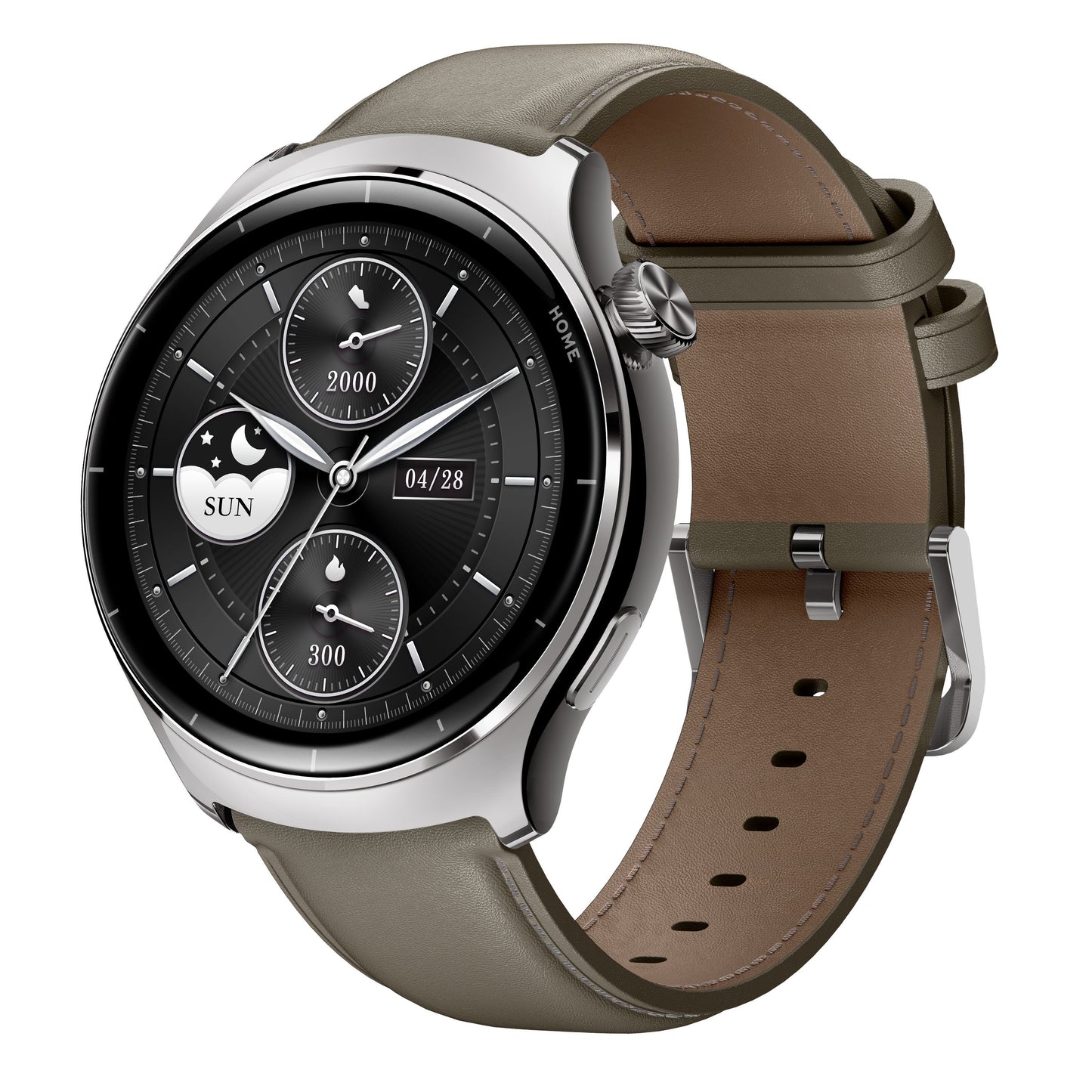 Mibro Watch Lite 3 Pro smartwatch khakigrå med sort urskive, sølvfarvet kant, brun læderrem og AMOLED analog urskærm.
