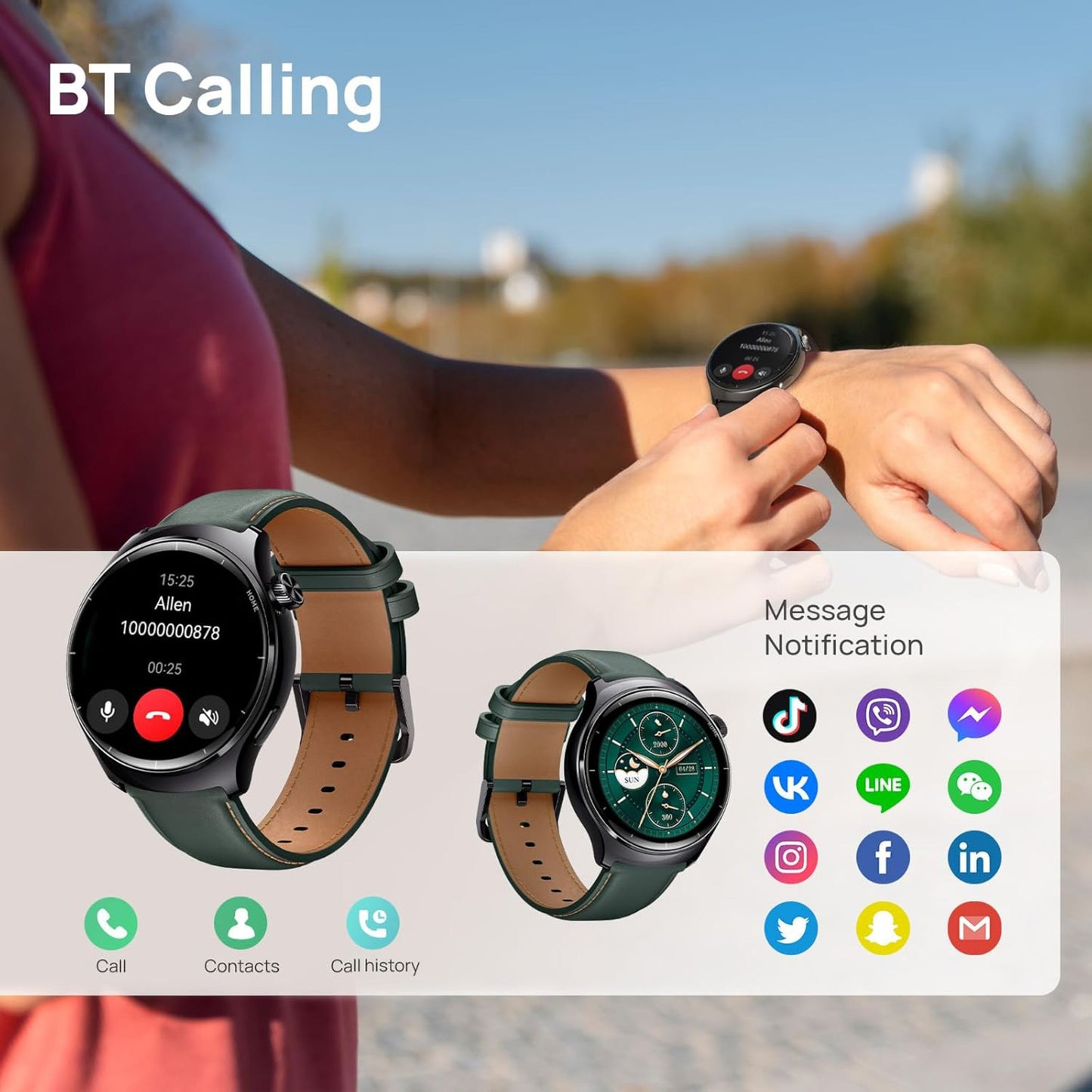 Mibro Watch Lite 3 Pro smartwatch khakigrå med AMOLED-skærm, viser opkald og app-notifikationer, tekst BT Calling.