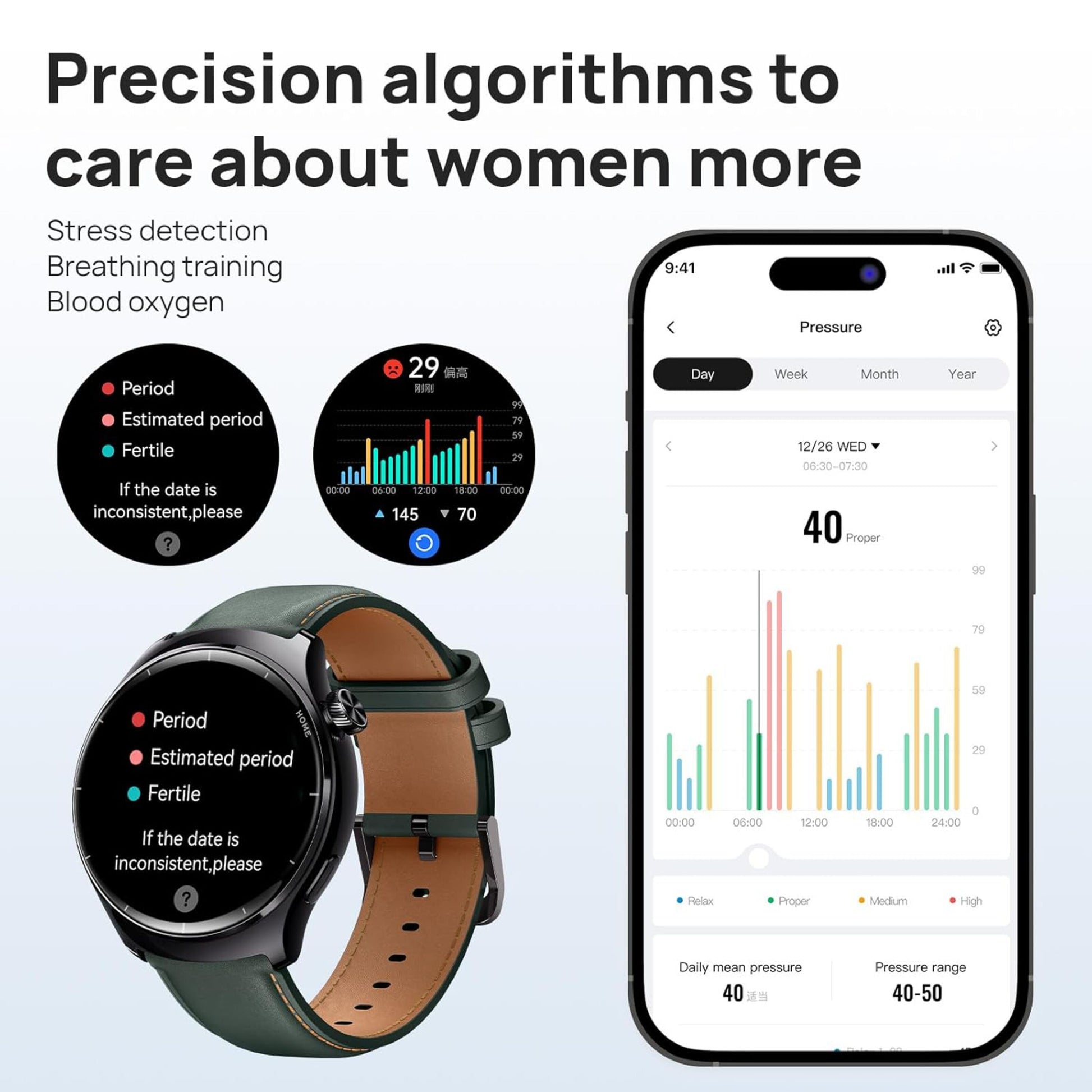 Mibro Watch Lite 3 Pro smartwatch khakigrå med AMOLED-skærm, cyklus-, stress- og iltmætningstracking, farvede trykgrafer.