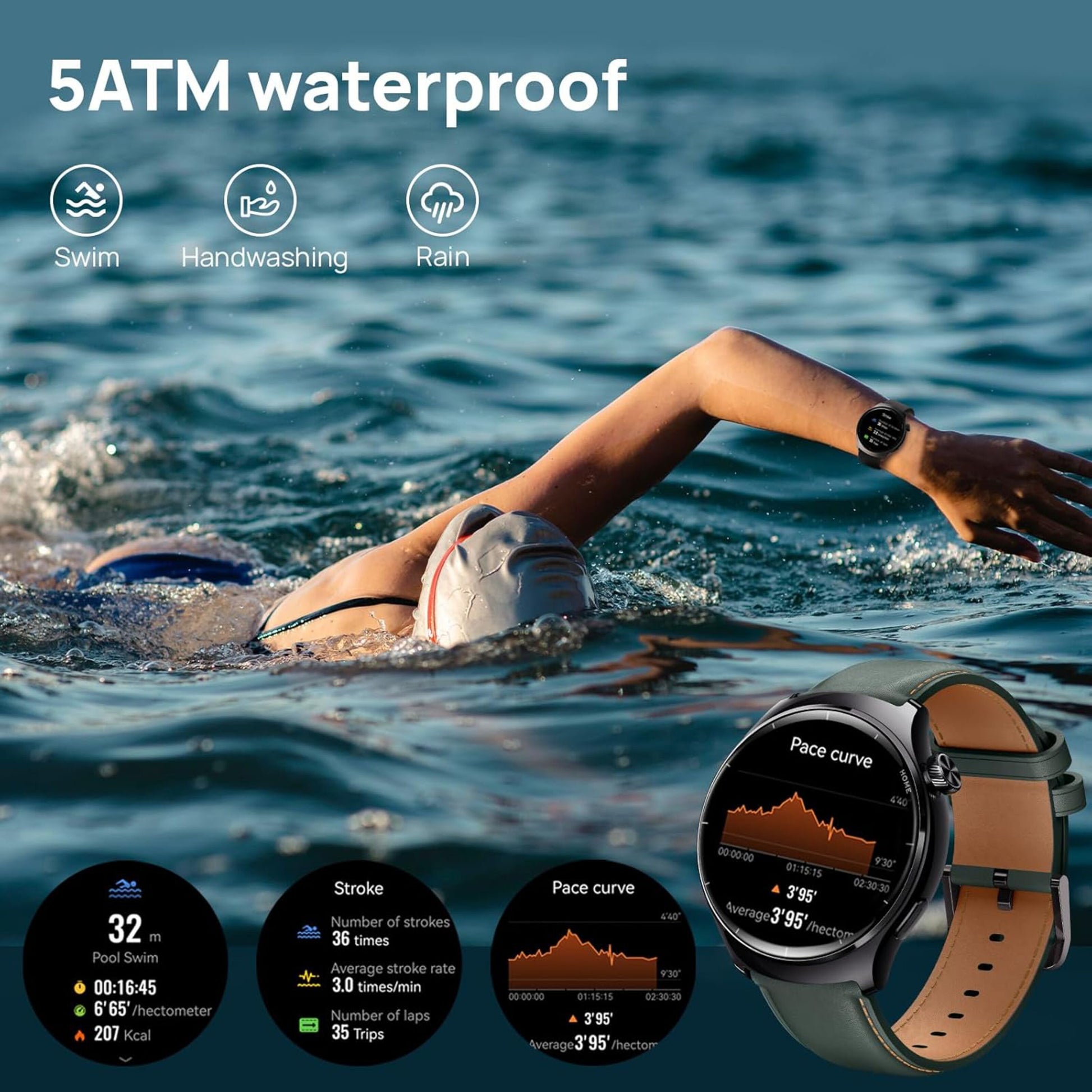 Mibro Watch Lite 3 Pro smartwatch Khakigrå med AMOLED-skærm viser svømmedata og ikoner for 5ATM vandtæt, svøm, håndvask, regn.