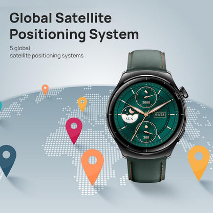 Mibro Watch Lite 3 Pro smartwatch khakigrå med grøn rem, AMOLED-skærm viser tid, dato og verdenskort med "Global Satellite Positioning System.