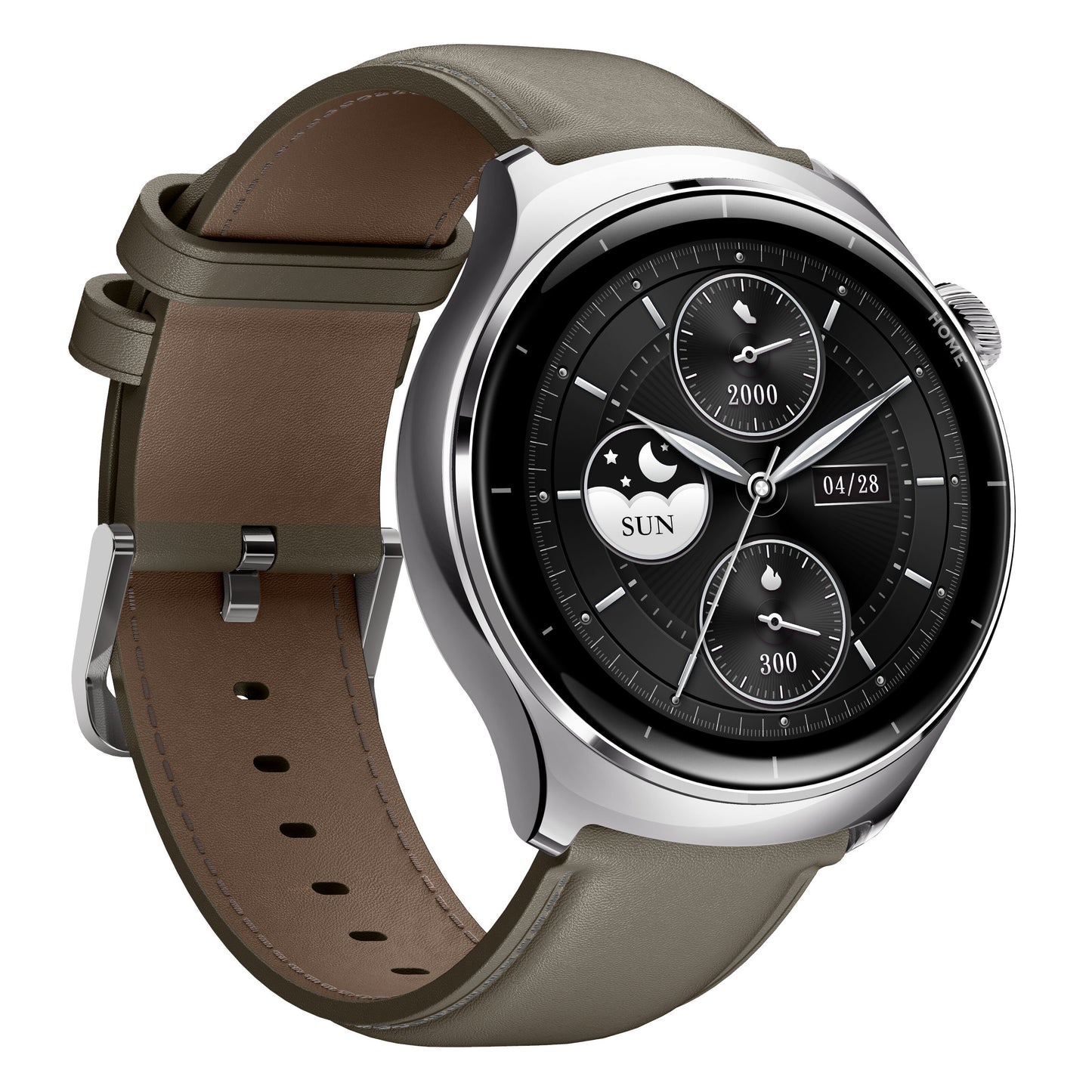 Mibro Watch Lite 3 Pro smartwatch khakigrå med rund AMOLED-skærm, tid, dato, skridt, månefase og brun læderrem med sølvspænde.