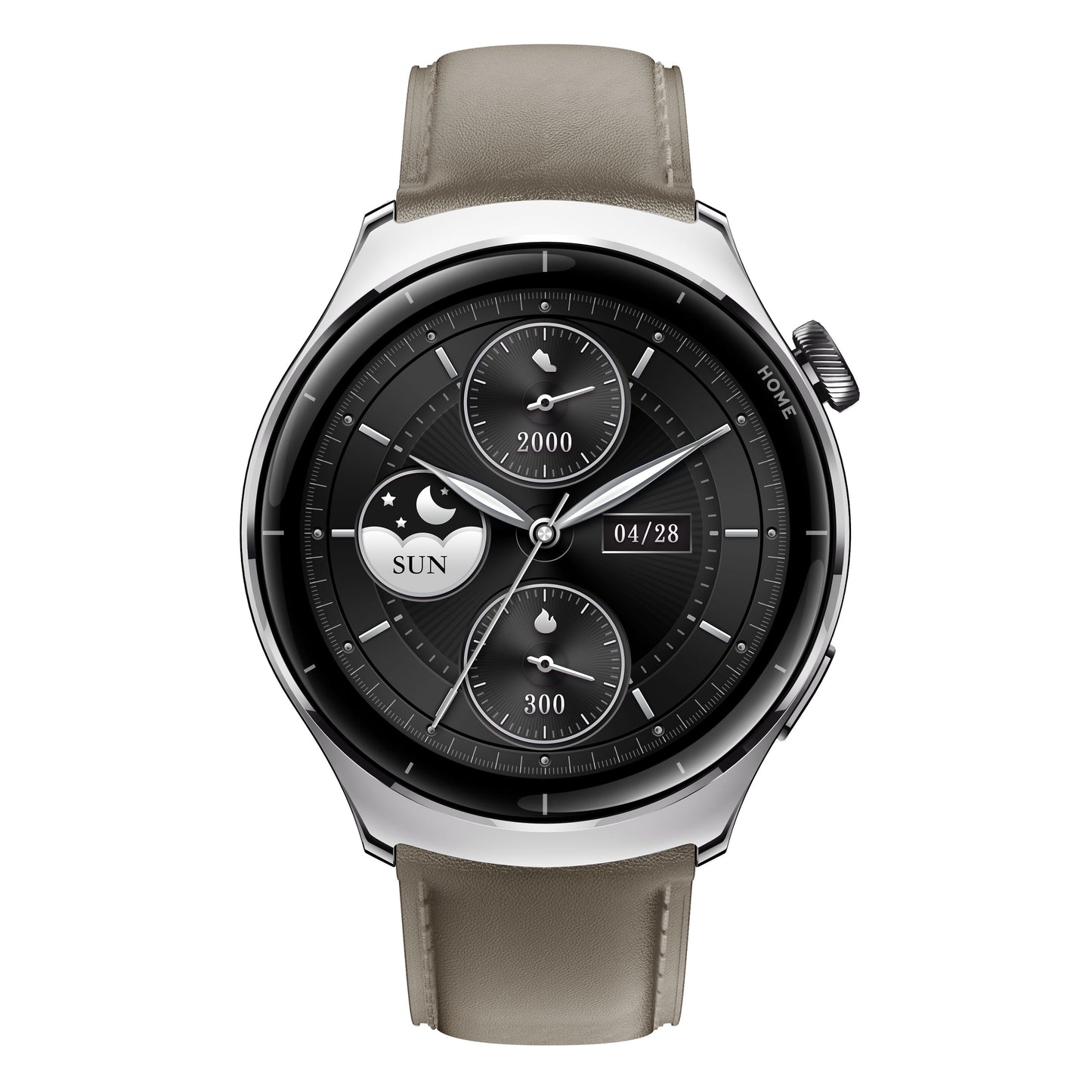 Mibro Watch Lite 3 Pro smartwatch khakigrå med rund sølvfarvet urkasse, taupe læderrem, AMOLED og analoge subdials.
