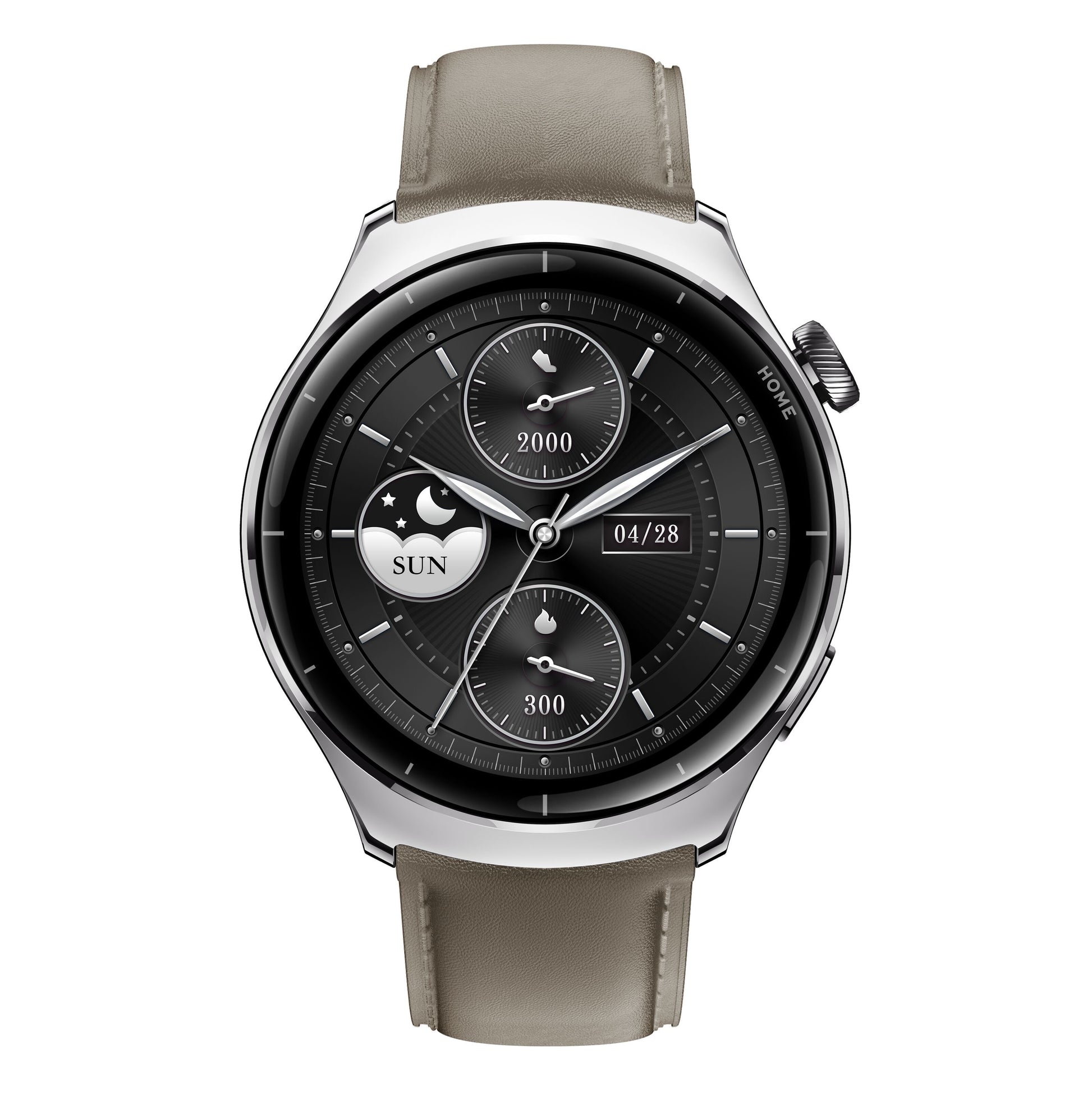Mibro Watch Lite 3 Pro smartwatch khakigrå med rund sølvfarvet urkasse, taupe læderrem, AMOLED og analoge subdials.