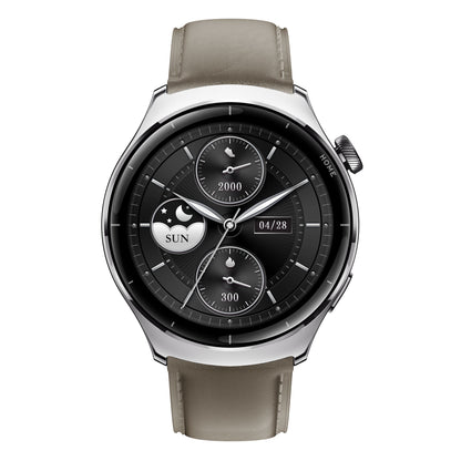 Mibro Watch Lite 3 Pro smartwatch khakigrå med rund sølvfarvet urkasse, taupe læderrem, AMOLED og analoge subdials.
