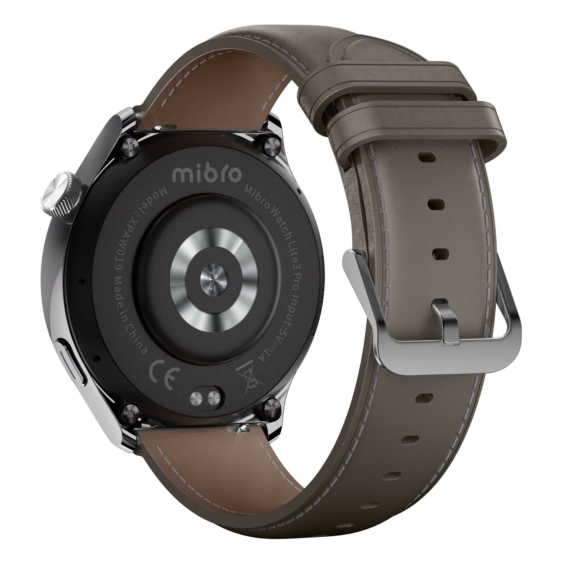 Mibro Watch Lite 3 Pro smartwatch Khakigrå, set bagfra med hjertesensor, graveringer og brun læderrem.