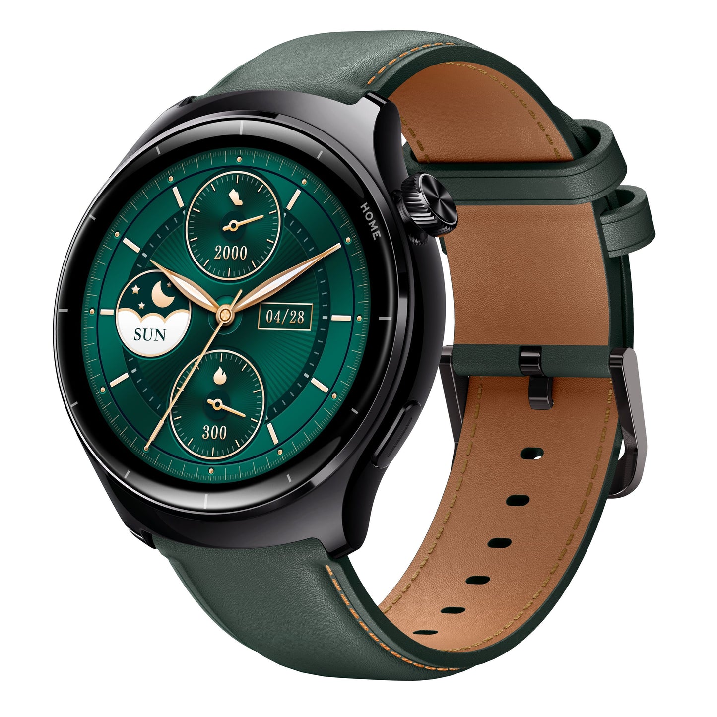 Mibro Watch Lite 3 Pro smartur sortgrøn rund grøn AMOLED-skive, grøn læderrem, sort urkasse med krone, brun underside.