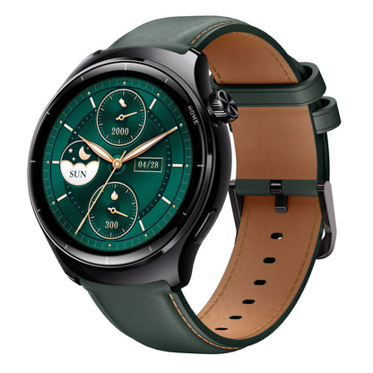 Mibro Watch Lite 3 Pro smartur sortgrøn rund grøn AMOLED-skive, grøn læderrem, sort urkasse med krone, brun underside.