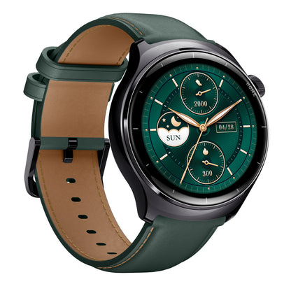 Mibro Watch Lite 3 Pro smartur sortgrøn med læderrem, AMOLED-skærm og analog urskive med skridt, puls, dato og dag/nat.