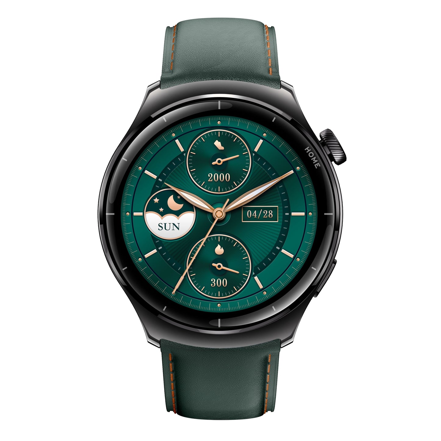 Mibro Watch Lite 3 Pro smartur sortgrøn, grøn læderrem, sort urkasse, AMOLED-skærm, grøn urskive med guldfarvede visere.