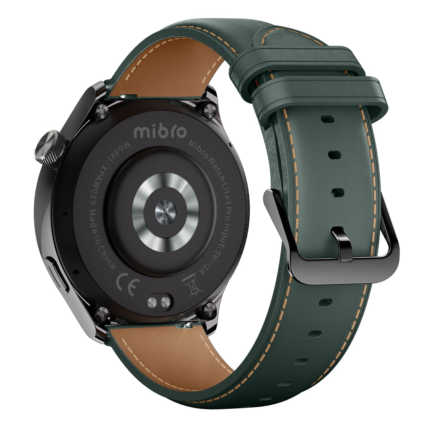 Mibro Watch Lite 3 Pro smartur bagvinkel, sort/grøn urkasse, grøn læderrem med lyse syninger, sort spænde, sensor.