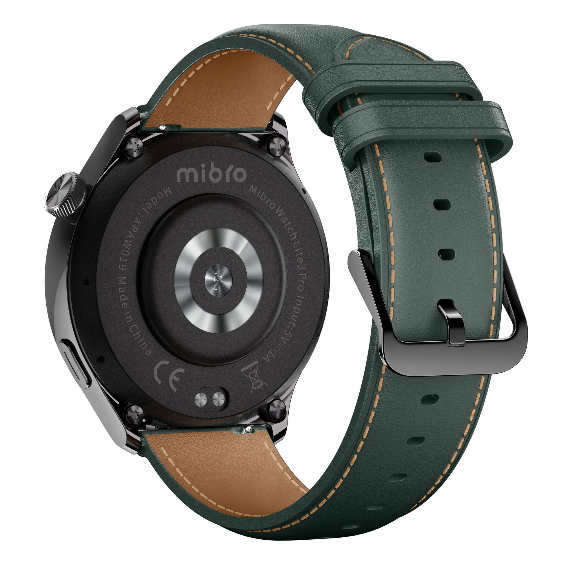 Mibro Watch Lite 3 Pro smartur bagvinkel, sort/grøn urkasse, grøn læderrem med lyse syninger, sort spænde, sensor.