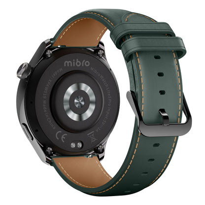 Mibro Watch Lite 3 Pro smartur bagvinkel, sort/grøn urkasse, grøn læderrem med lyse syninger, sort spænde, sensor.