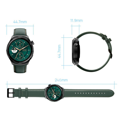 Mibro Watch Lite 3 Pro smartur sortgrøn med rund AMOLED-skærm, grøn rem, vises forfra, fra siden og fladt, mål vises.