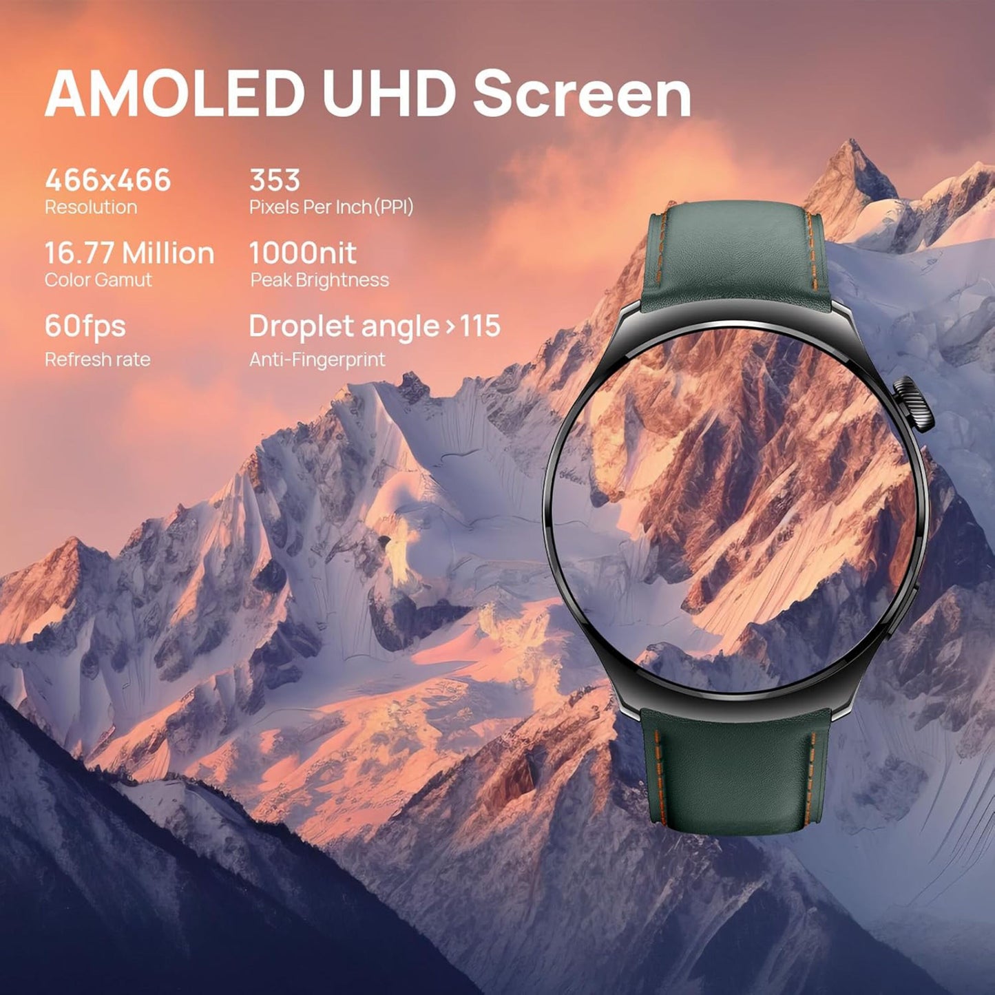 Mibro Se Lite 3 Pro smartur rosaguld med AMOLED UHD-skærm, 466x466 opløsning, 353 PPI, 1000 nits, anti-fingeraftryk.