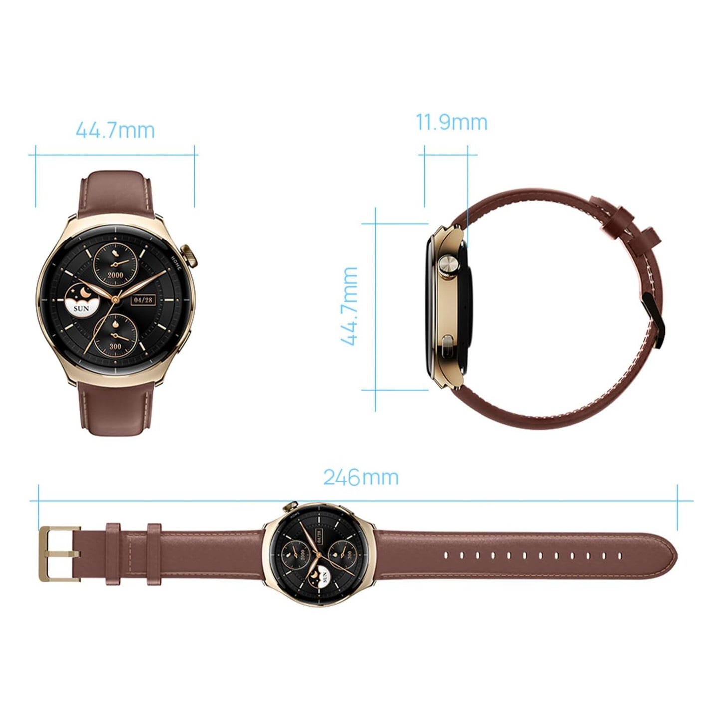 Mibro Se Lite 3 Pro smartur rosaguld set forfra, fra siden og fladt, AMOLED UHD-skærm, 44,7 mm diameter.