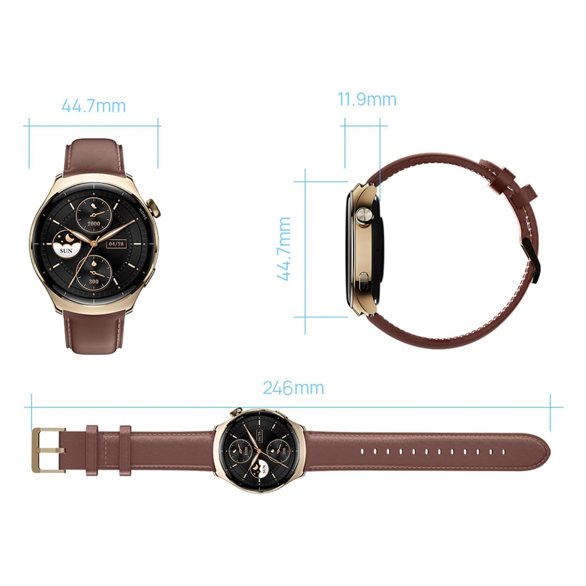 Mibro Se Lite 3 Pro smartur rosaguld set forfra, fra siden og fladt, AMOLED UHD-skærm, 44,7 mm diameter.
