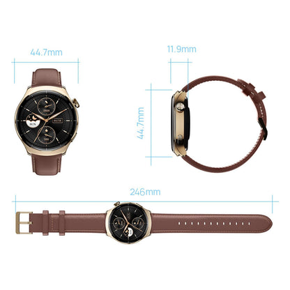 Mibro Se Lite 3 Pro smartur rosaguld set forfra, fra siden og fladt, AMOLED UHD-skærm, 44,7 mm diameter.