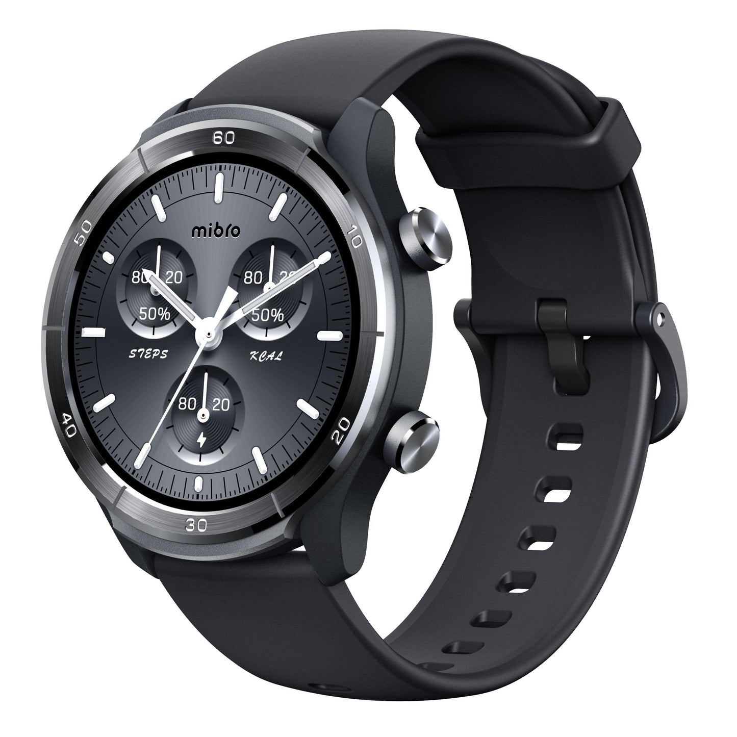 Mibro Se A3 smartwatch mørkegrå med rund skive, sølvkant, tre sideknapper, silikonerem og AMOLED-skærm med sundhedsdata.