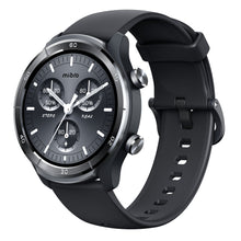 Mibro Se A3 smartwatch mørkegrå med rund skive, sølvkant, tre sideknapper, silikonerem og AMOLED-skærm med sundhedsdata.