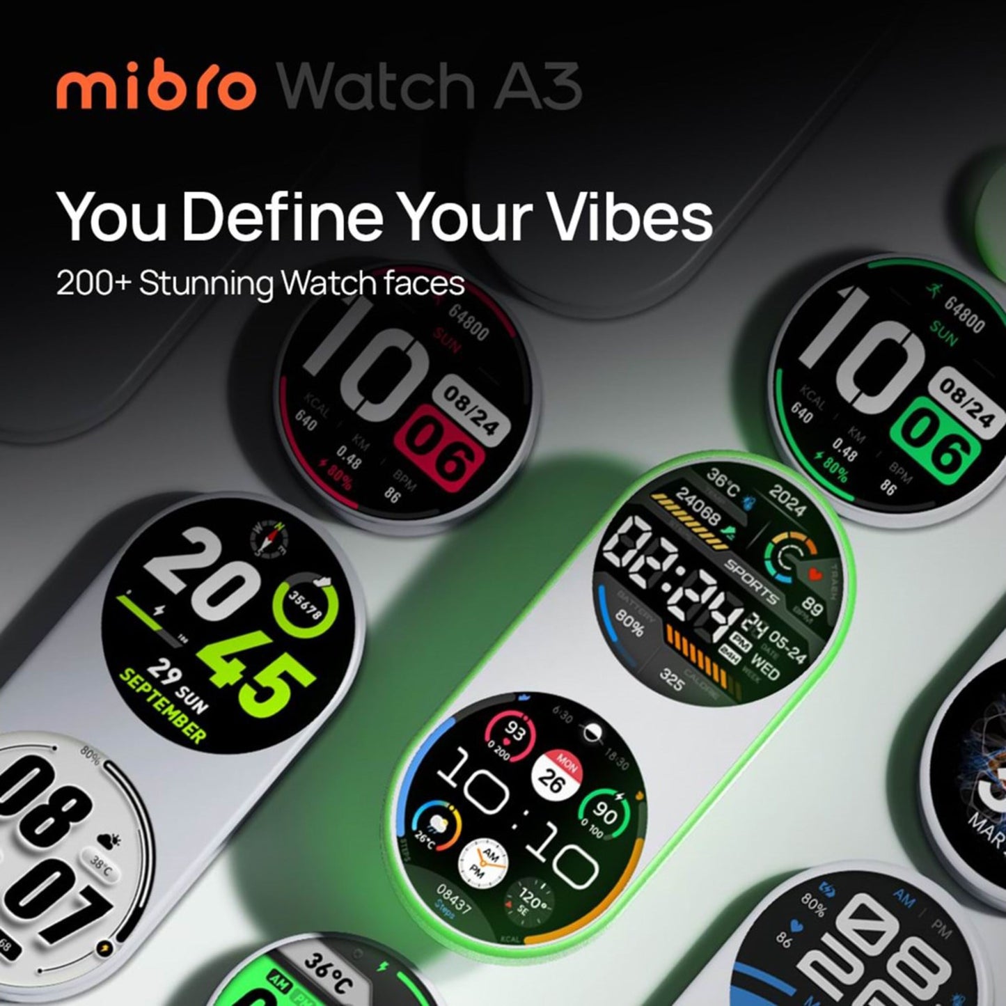 Mibro Se A3 smartwatch mørkegrå med AMOLED-skærm, avanceret sundhedsmonitorering, 200+ urskiver, tekst: Du definerer dine vibrationer.