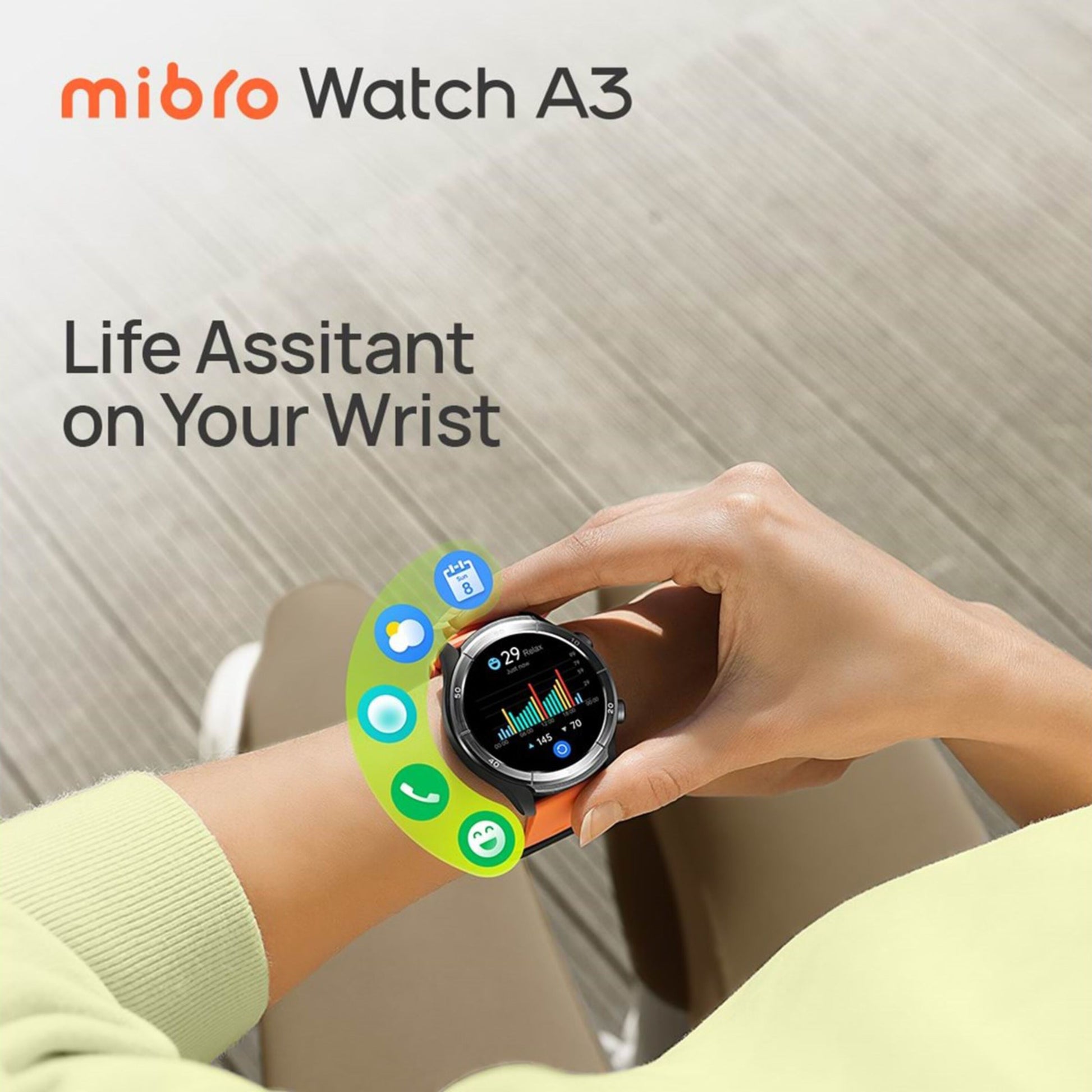 Mibro Se A3 smartwatch mørkegrå med AMOLED-skærm, sundhedsmonitorering, appikoner og pulsmåling 70/145.