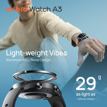 Mibro Se A3 smartwatch Mørkegrå med AMOLED-skærm, aluminiumsramme, sundhedsmonitorering, tæt close-up på uret.