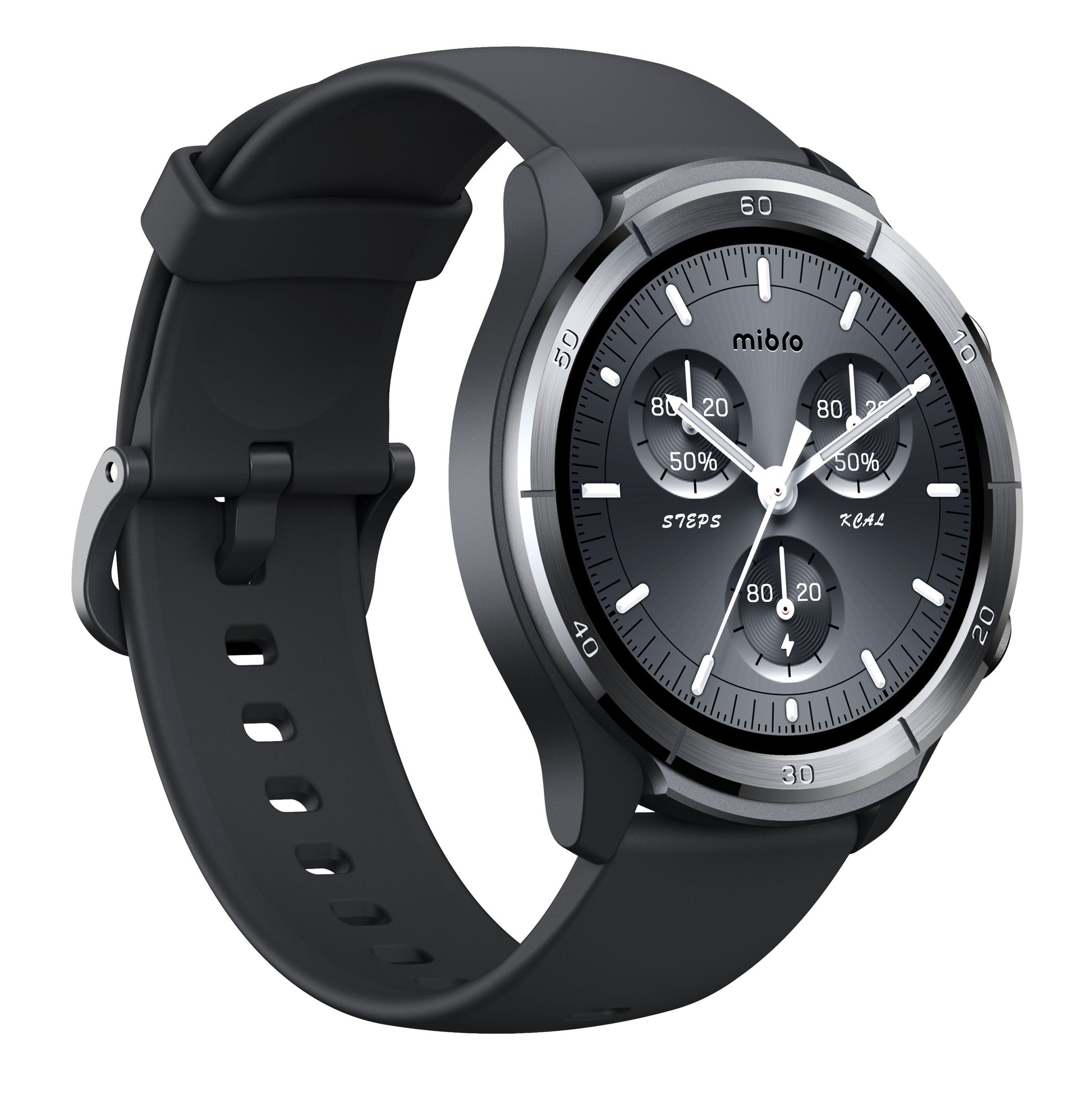 Mibro Se A3 smartwatch mørkegrå med rund AMOLED-skærm, skridttæller, batteri- og pulsmåler, mørkegrå silikonerem.