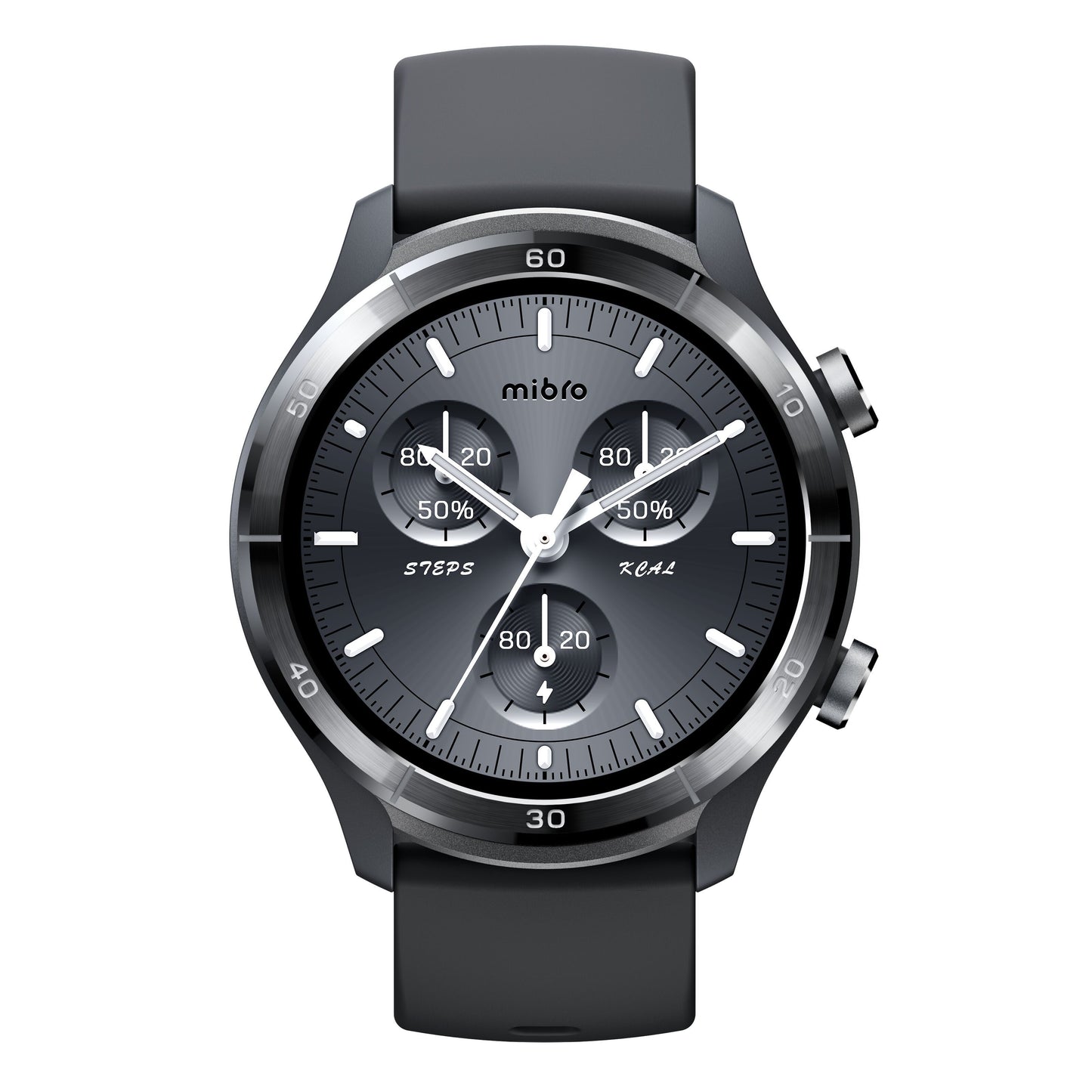 Mibro Se A3 smartwatch mørkegrå med rund AMOLED-skærm, tre subdials, analoge visere, to sideknapper og mørkegråt bånd.