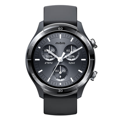 Mibro Se A3 smartwatch mørkegrå med rund AMOLED-skærm, tre subdials, analoge visere, to sideknapper og mørkegråt bånd.