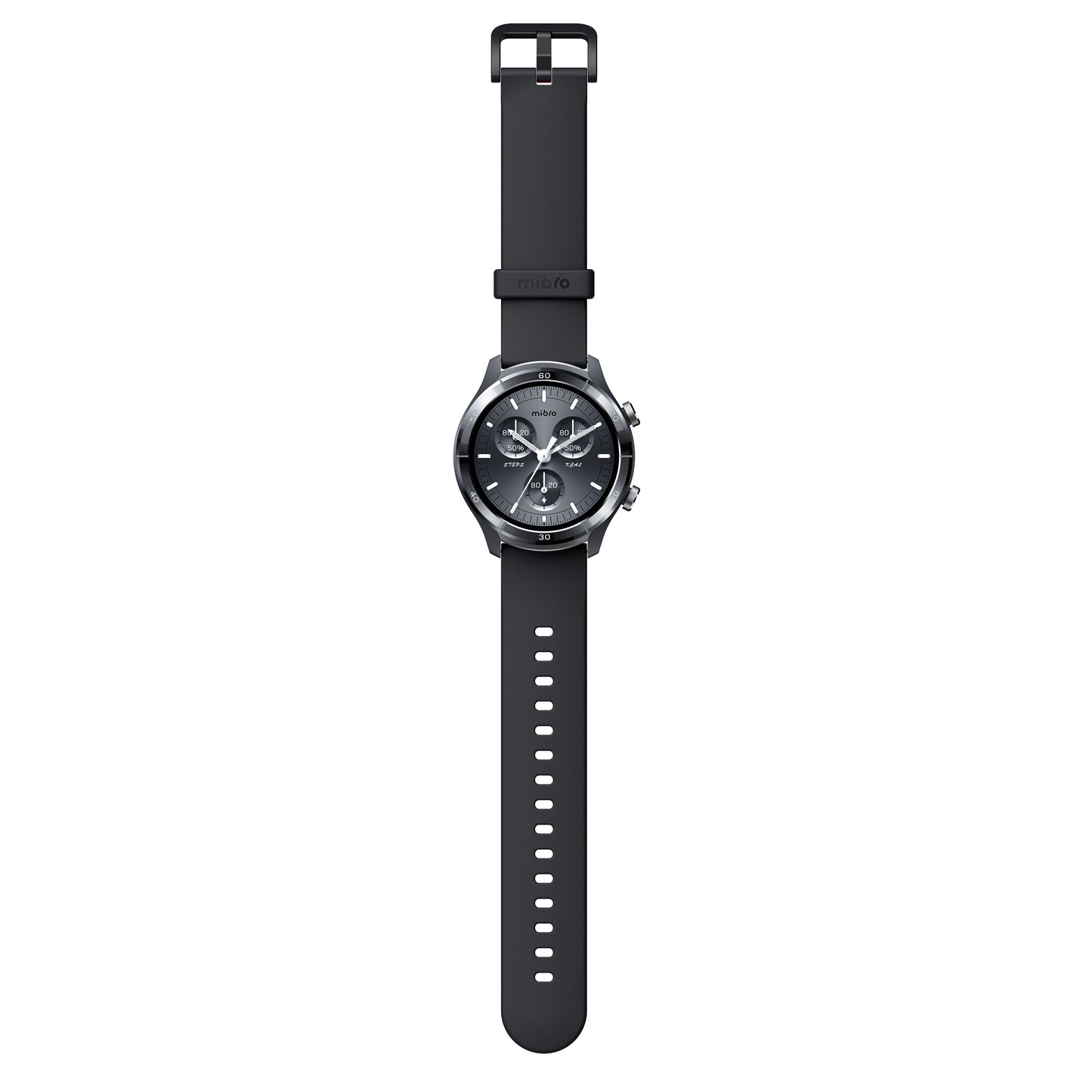Mibro Se A3 smartwatch mørkegrå, rund urskive, sølvmarkeringer, tre subdials, justerbar silikonerem, AMOLED-skærm.
