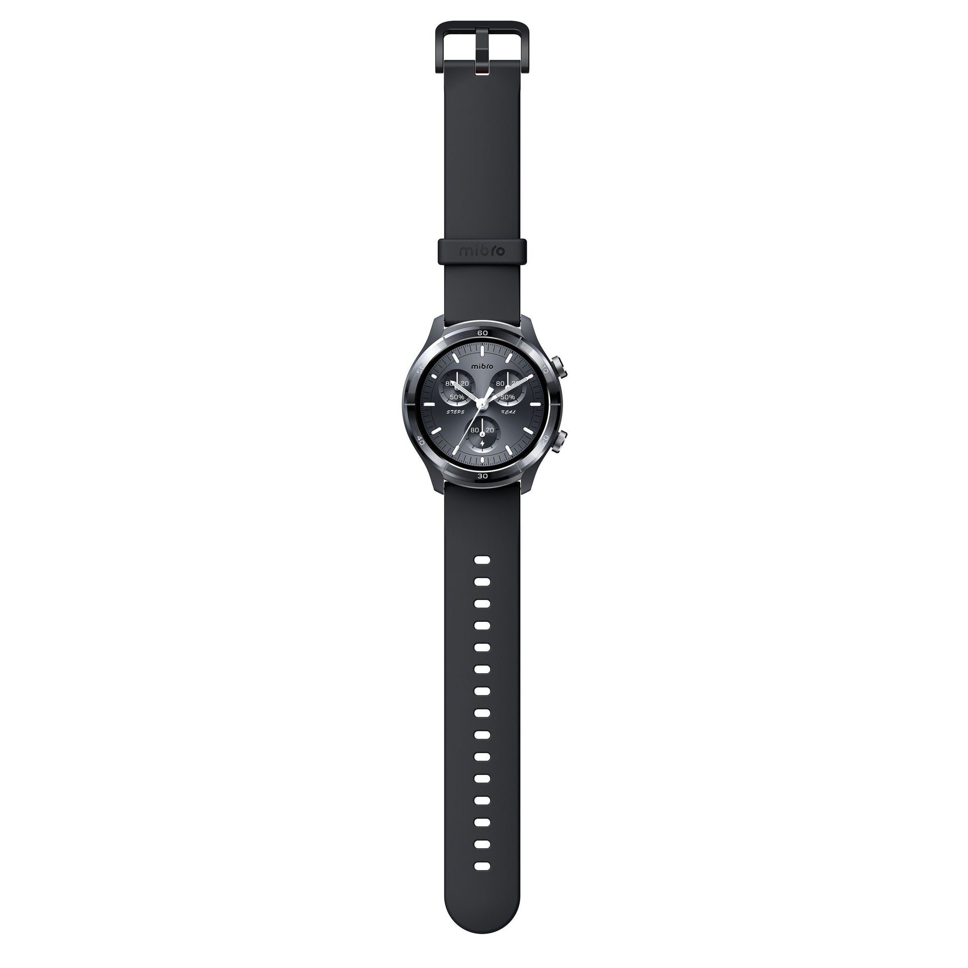 Mibro Se A3 smartwatch mørkegrå, rund urskive, sølvmarkeringer, tre subdials, justerbar silikonerem, AMOLED-skærm.