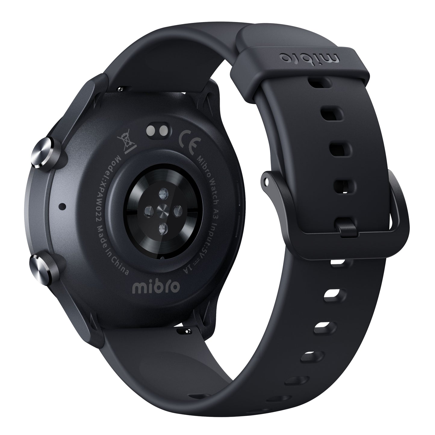 Mibro Se A3 smartwatch mørkegrå med silikonerem, bagside med pulssensor, ladepunkter, sundhedsmonitorering.