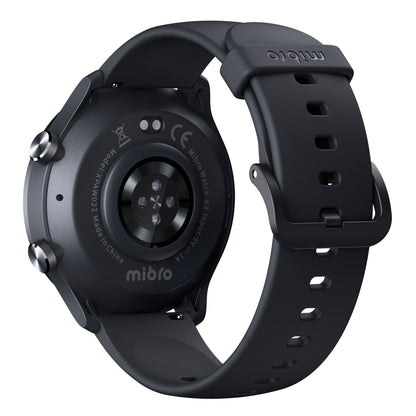 Mibro Se A3 smartwatch mørkegrå med silikonerem, bagside med pulssensor, ladepunkter, sundhedsmonitorering.