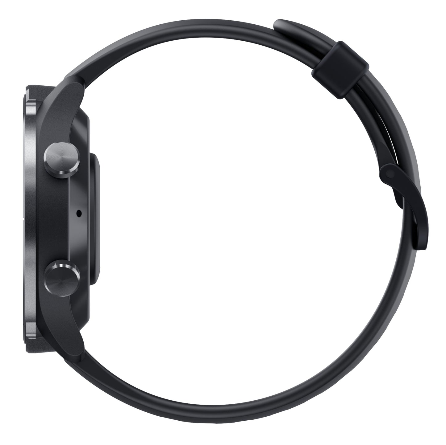 Mibro Se A3 smartwatch mørkegrå, sort silikonerem, to runde knapper, justeringshuller, spænde, AMOLED-skærm.