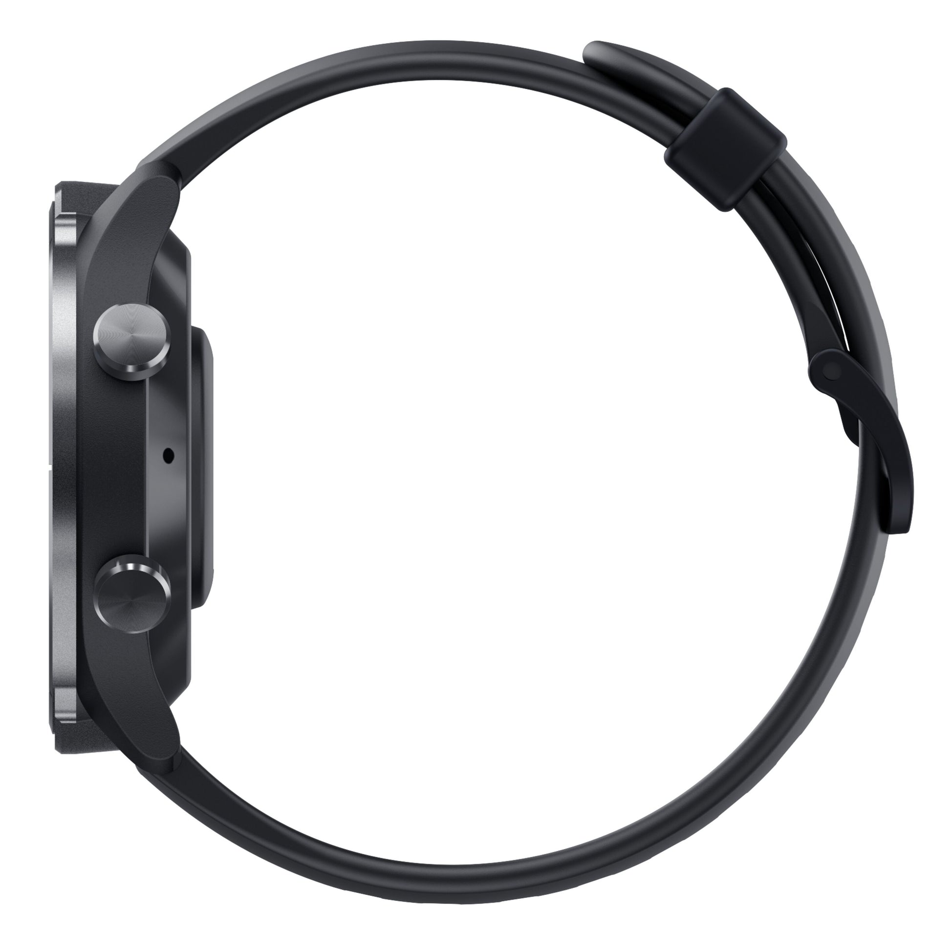 Mibro Se A3 smartwatch mørkegrå, sort silikonerem, to runde knapper, justeringshuller, spænde, AMOLED-skærm.