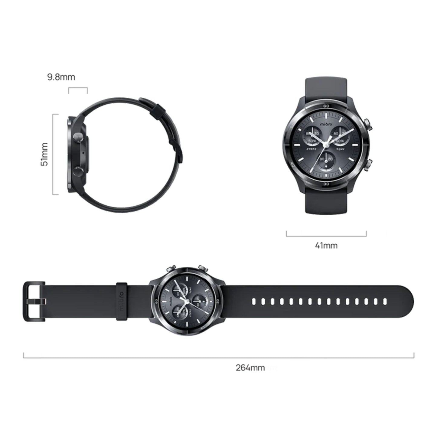 Mibro Se A3 smartwatch mørkegrå vises forfra, fra siden og fladt, AMOLED skærm med analog urskive, 41mm, 9.8mm, 51mm, rem 264mm.