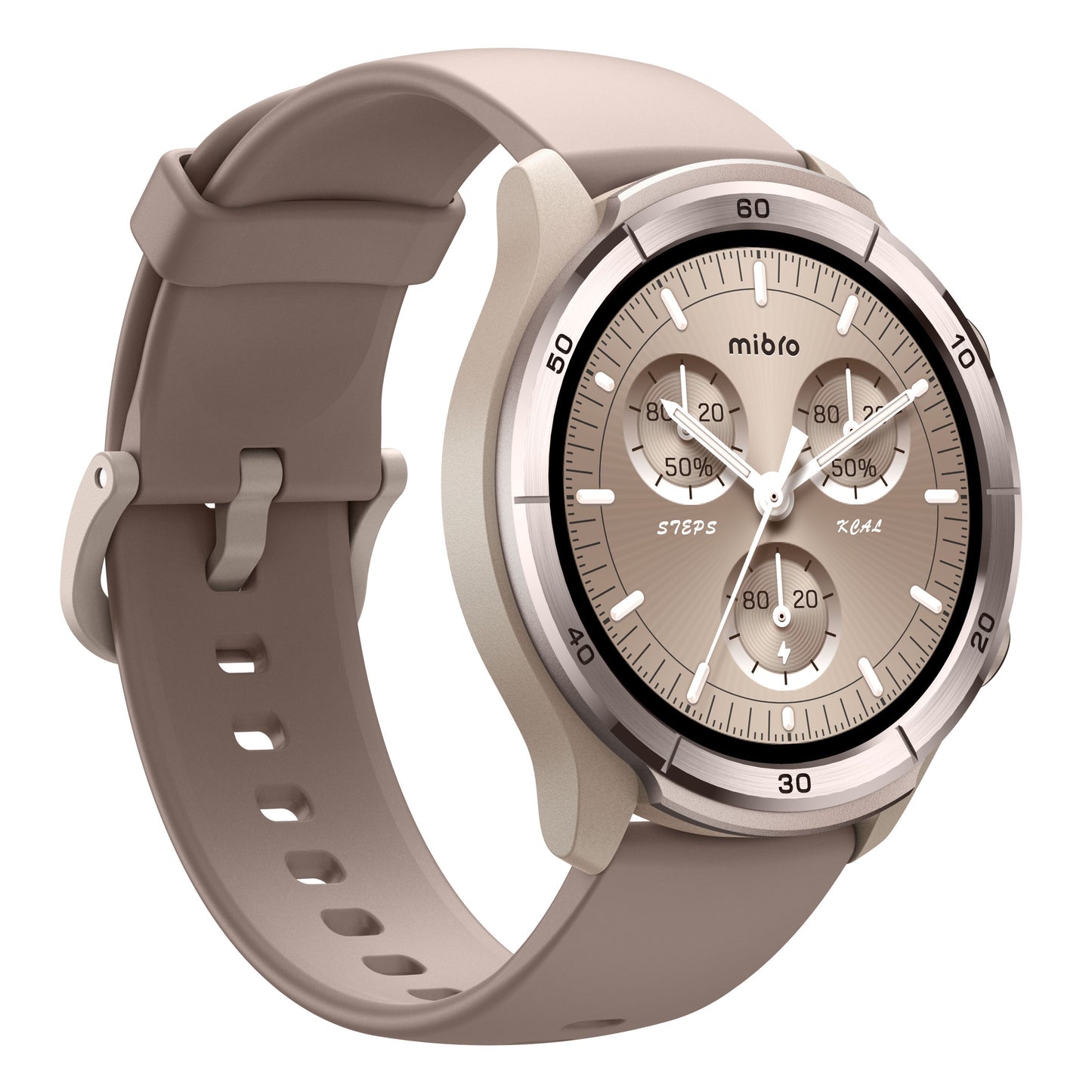 Mibro Se A3 smartur beige med rundt AMOLED-display, silikonerem, sølvkasse, viser tid, skridt og puls, set fra vinkel.