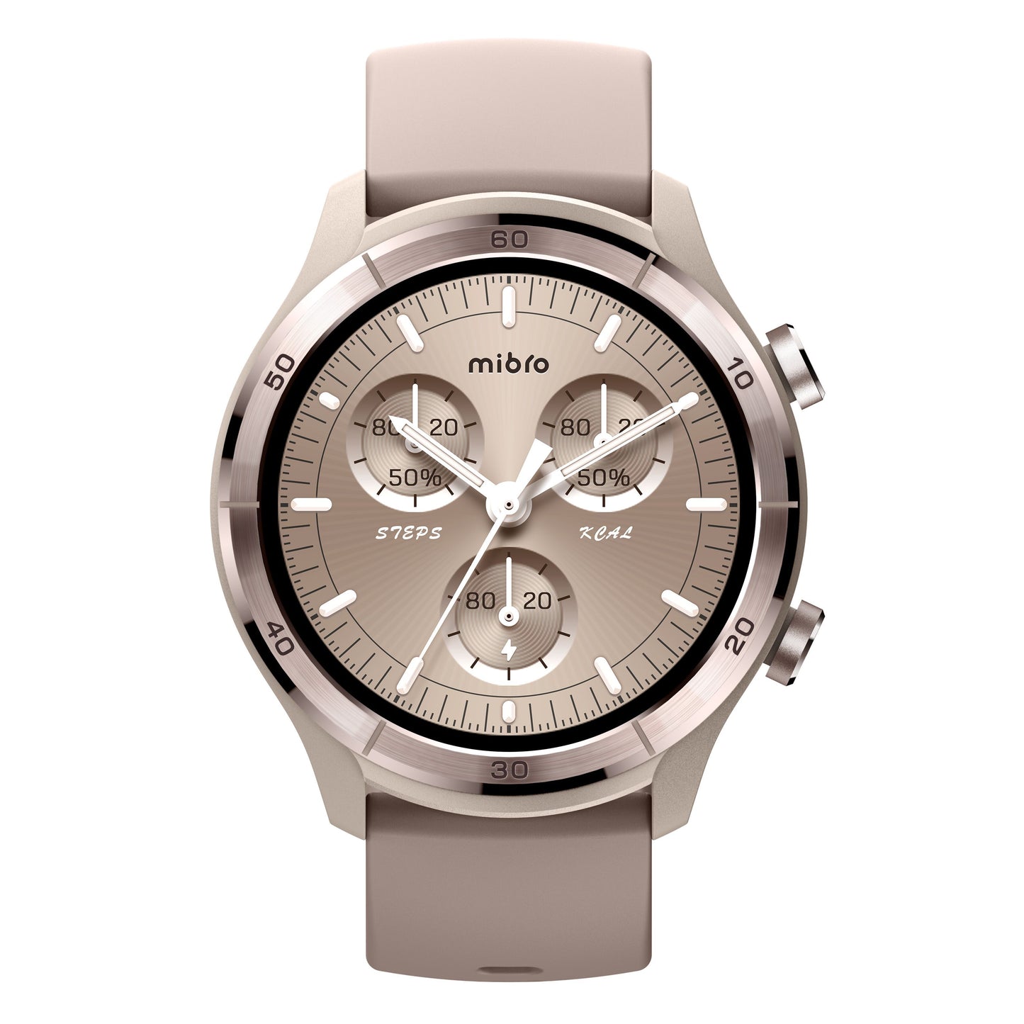 Mibro Se A3 smartur beige med rose gold bezel og urskive, AMOLED-skærm, skridt- og kalorievisning, beige rem.