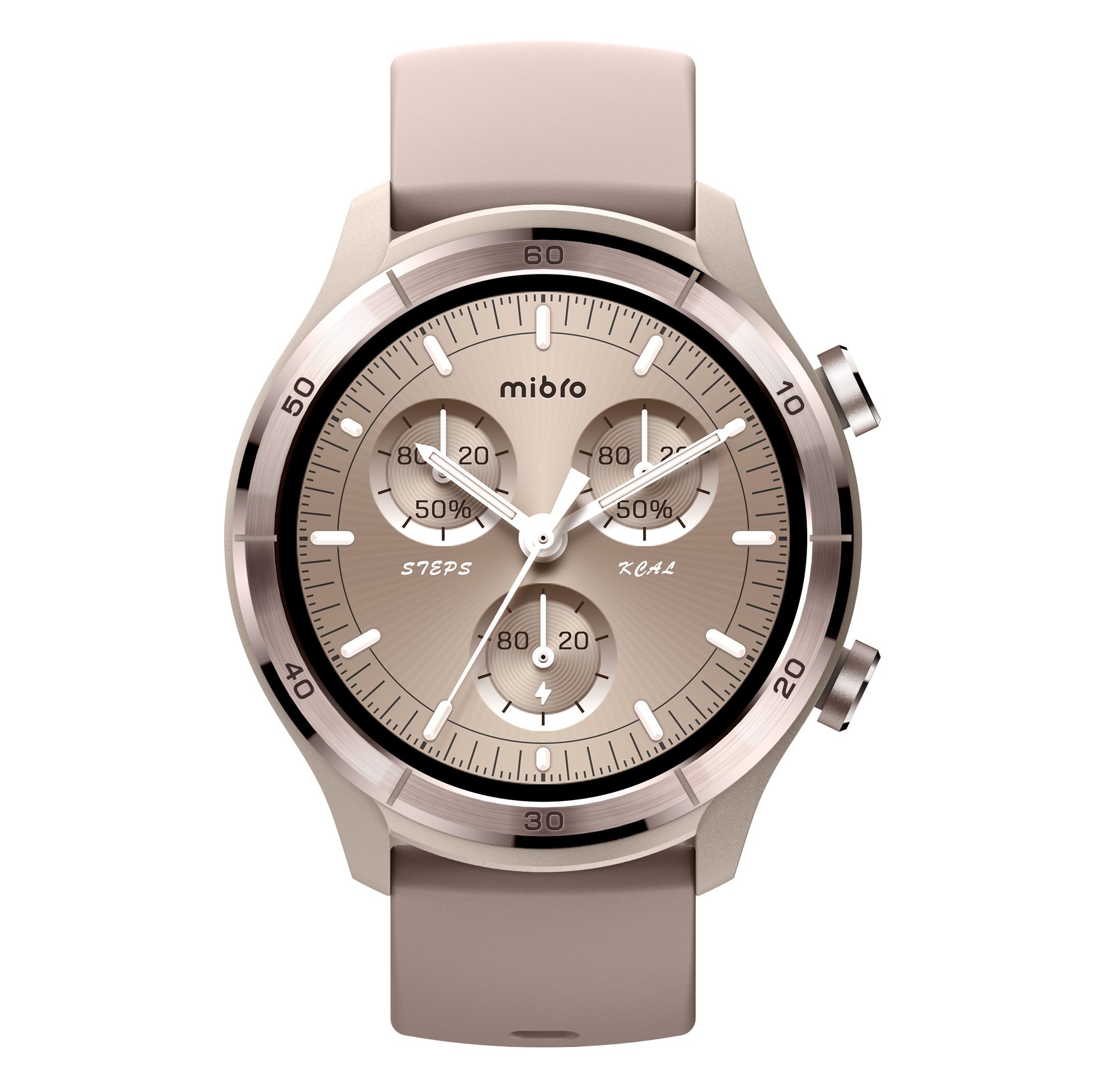 Mibro Se A3 smartur beige med rose gold bezel og urskive, AMOLED-skærm, skridt- og kalorievisning, beige rem.