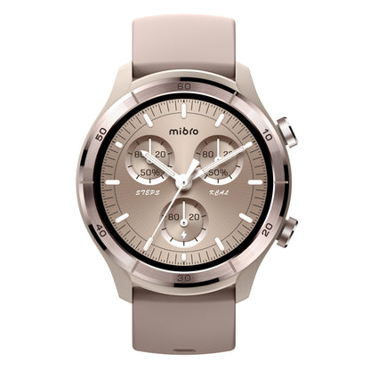 Mibro Se A3 smartur beige med rose gold bezel og urskive, AMOLED-skærm, skridt- og kalorievisning, beige rem.