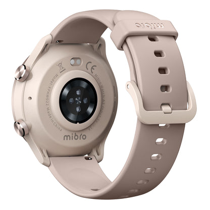 Mibro Se A3 smartur beige set bagfra med sensorer, ladepunkter, justerbar rem og Mibro-logo på urkassen.