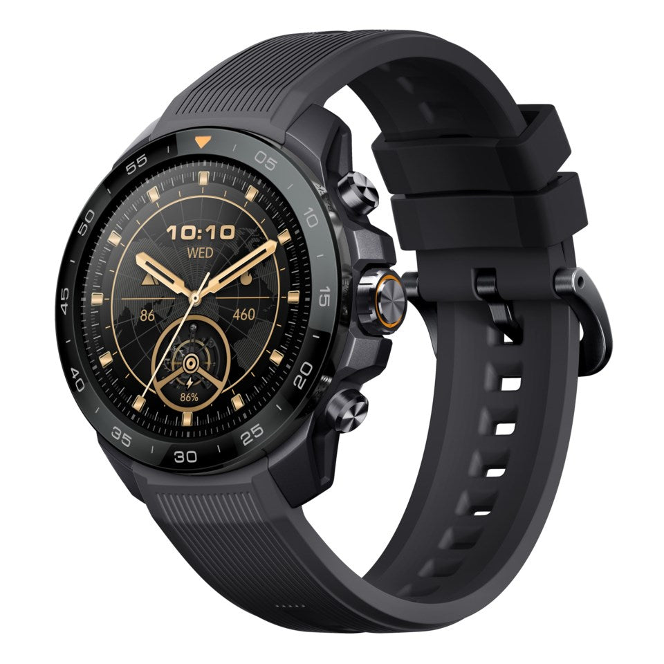 Mibro FS Explorer S sort GPS smartwatch med rund urskive, keramisk urkasse, silikonerem, metaltrykknapper, tid og dato.
