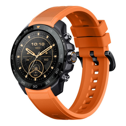 Mibro FS Explorer S Ceramic sportsur, sort GPS smartwatch med orange rem, rund skærm med tid, dato og fitness tracking dials.