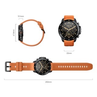 Mibro FS Explorer S Ceramic sportsur med sort urskive, gulddetaljer og orange rem, 250mm lang, 47mm ansigt, 13mm tyk, 22mm bred.