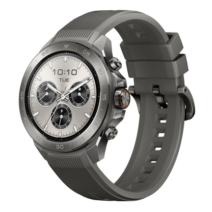 Mibro Se GS Explorer S Titanium Bezel smartwatch grå, rund sølvskive, præcis GPS, lang batteritid, flere subdials, gummirem.