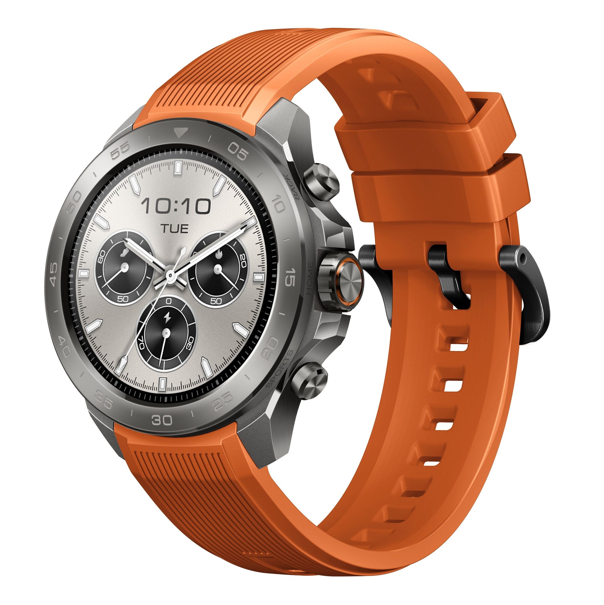 Mibro Se GS Explorer S Titanium Bezel ur med sølv urskive, tre subdials, digitalt display, orange silikonerem, GPS.